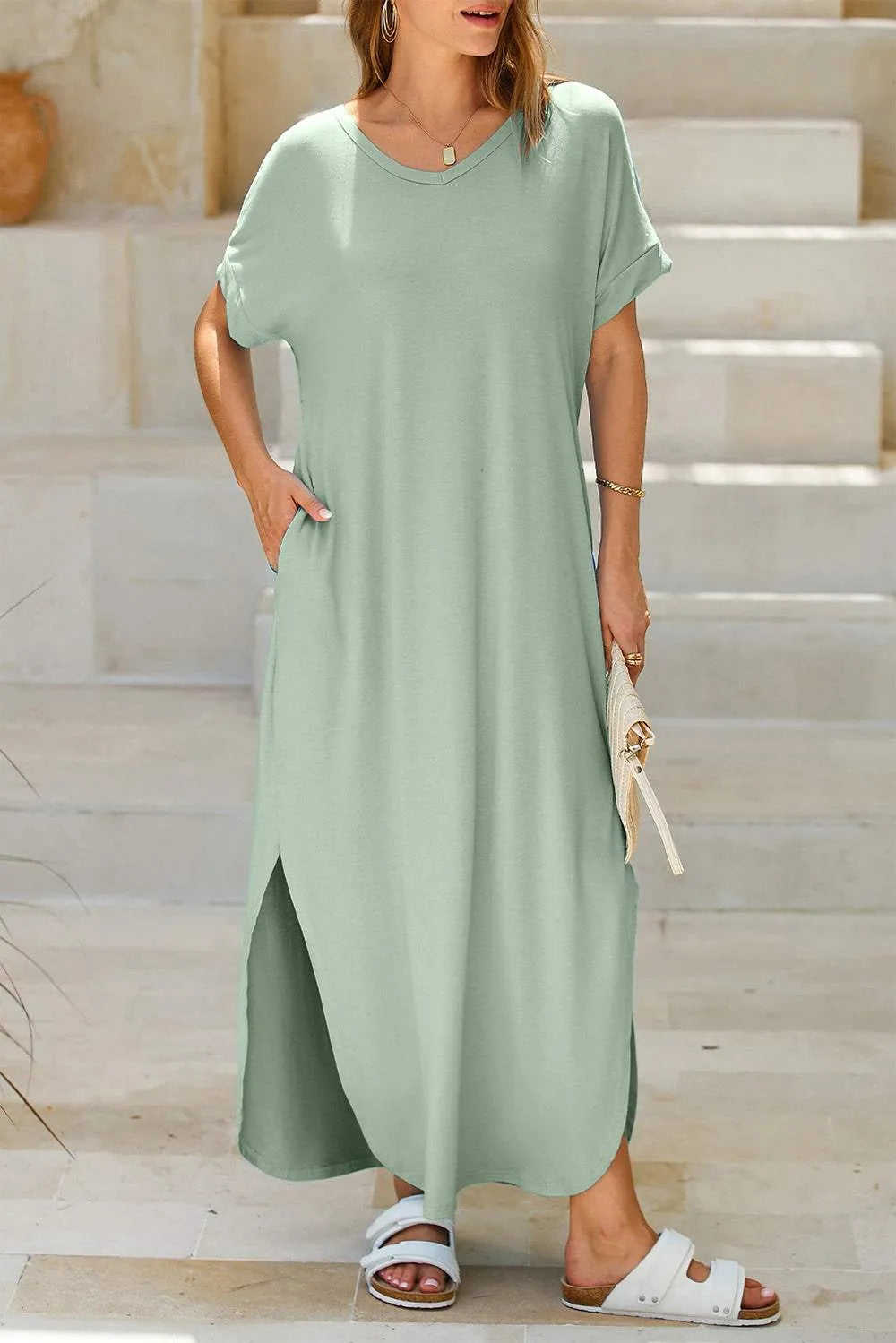 Slit Pocketed Short Sleeve Dress Sage Casual Dresses - Tophatter Daily Deals